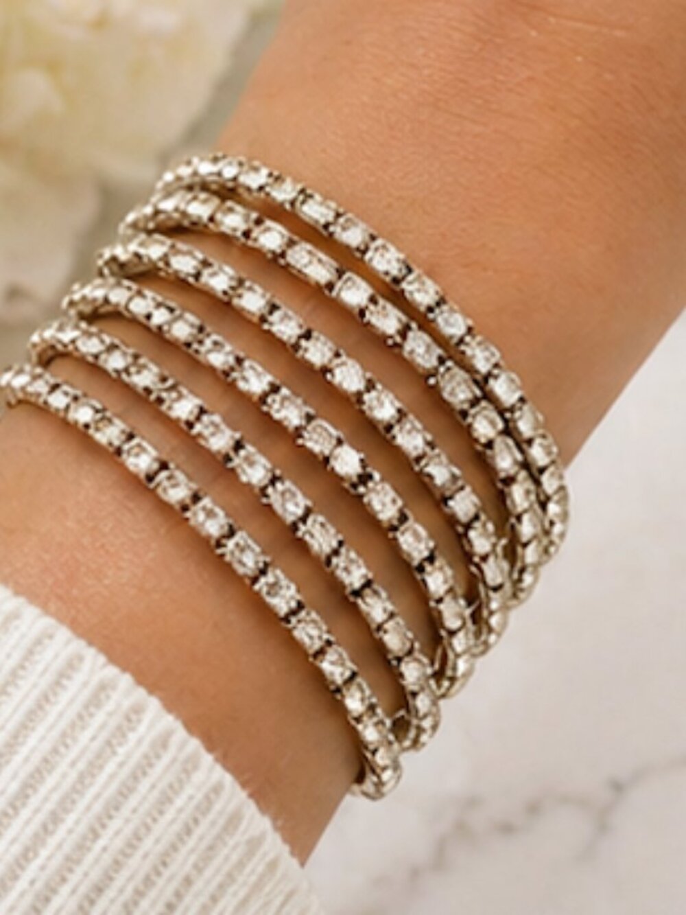Silver Tone Rhinestone Wrap Bracelet Set 6 Stretch Coil Multi Strand Sparkly